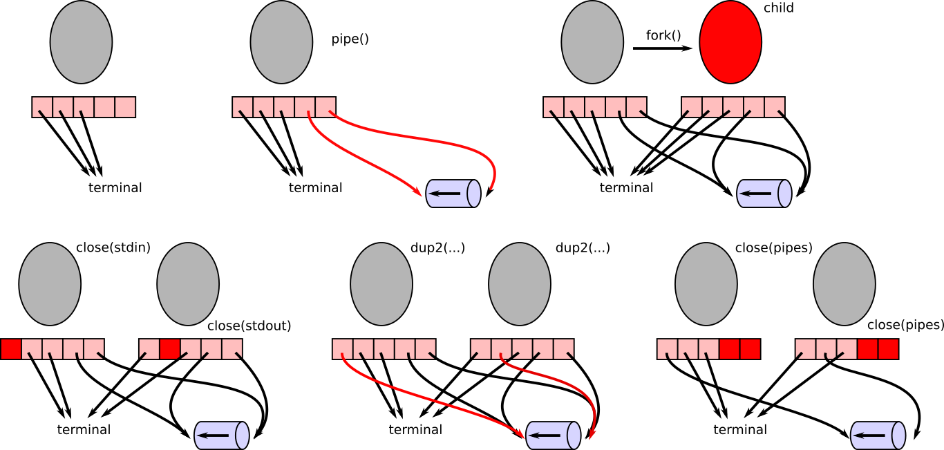 A graphical sequence for the above code. Each image is a snapshot of the system after an operation is preformed. The red portions of each figure show what is changed in each operation. The parent creates a pipe, forks a child, which inherits a copy of all of the file descriptors (including the pipe), the parent and child close their stdin and stdout, respectively, the pipes descriptors are duped into those now vacant descriptors, and the pipe descriptors are closed. Now all processes are in a state where they can use their stdin/stdout/stderr descriptors as normal (scanf, printf), but the standard output from the child will get piped to the standard input of the parent. Shells do a similar set of operations, but in which a child has their standard output piped to the standard input of another child.